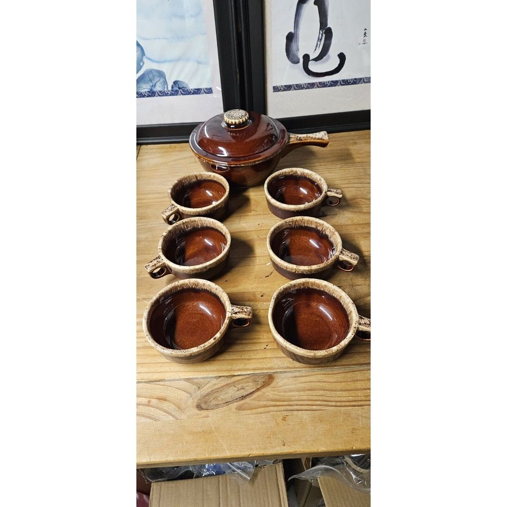 Hull Pottery Oven Proof USA Brown  8.5" pot  w/lid+ 6 Soup crocks w/o‎ lids